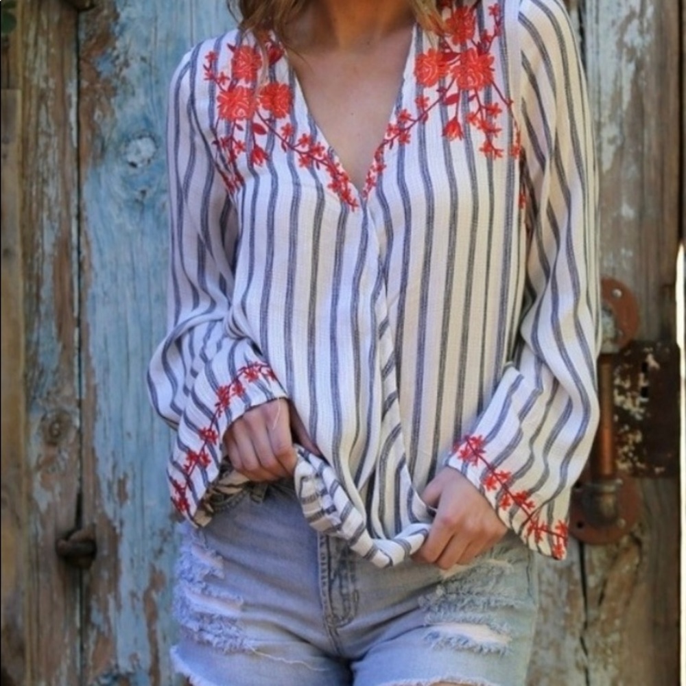 Angie NWT - Boho Embroidered Crossover Surplus Bell Sleeve Top- Large